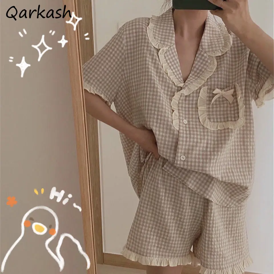 

Pajama Sets Women Plaid Harajuku Loose Summer Short Sleeve Korean Style Leisure Home Wear Students Comfortable Popular Chic 2pcs