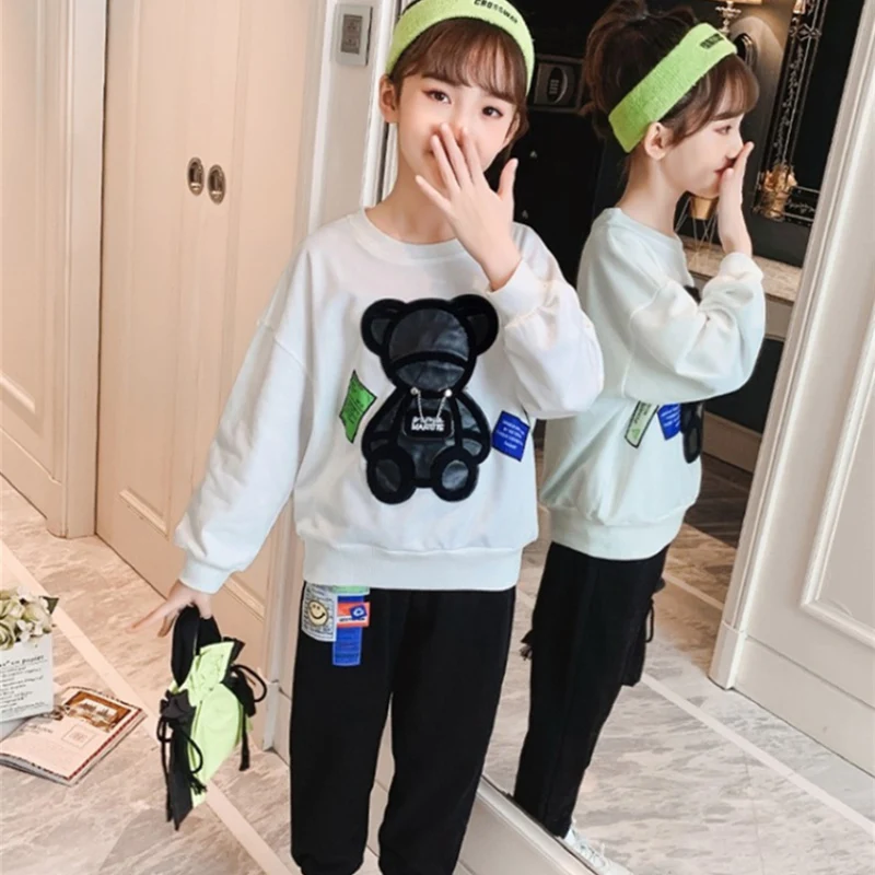 

Girls Suits Sweatshirts +Pant Sets 2021 Bear Spring Autumn High Quality Formal Party Outfits Sport Teenagers Kids Cotton Tracksu