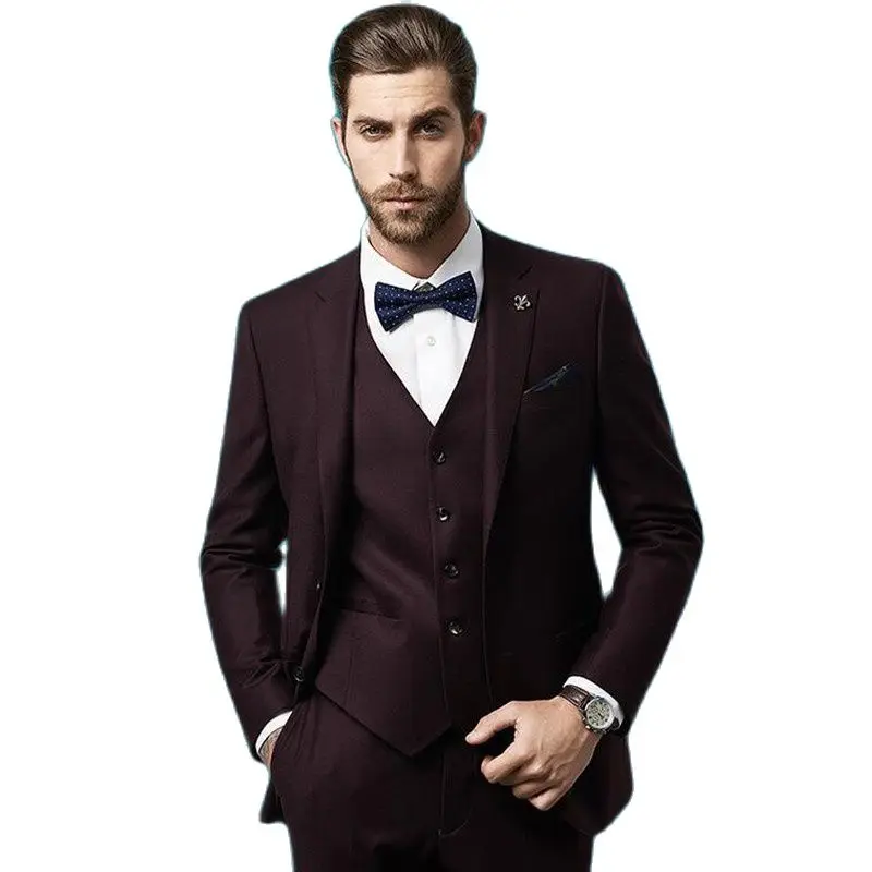 

Fashion Burgundy Men Prom Suits Best Two Buttons Wedding Tuxedos Back Split Business Suit Groomsmen Tuxedos (Jacket+Pant)