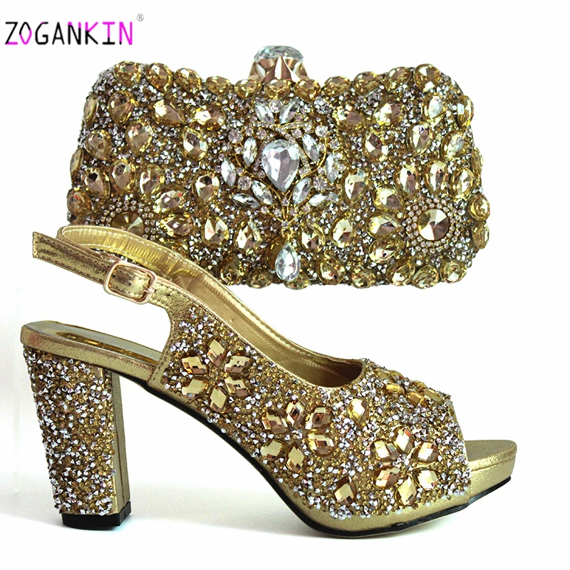 Элегантный комплект из обуви и сумочки сумки в золотой Цвет украшают Стразы