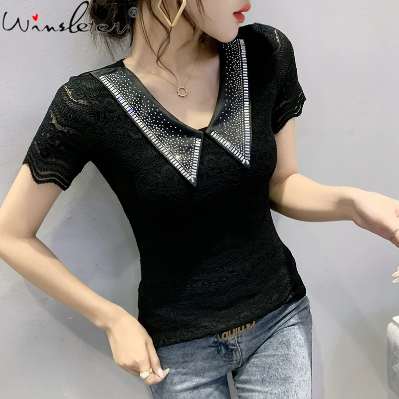 

Summer Korean Style Lace T-Shirt Sexy Turn-Down Collar Pullover Shiny Diamonds Women Tops Short Sleeve Tees New Hot New T14032A