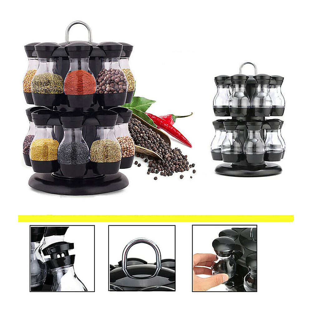 

Seasoning Jars Set Rotating Base 16pcs Cruet Multipurpose Spices Pepper Sprays Salt Condiment Bottles Kitchen Spice Storage Rack