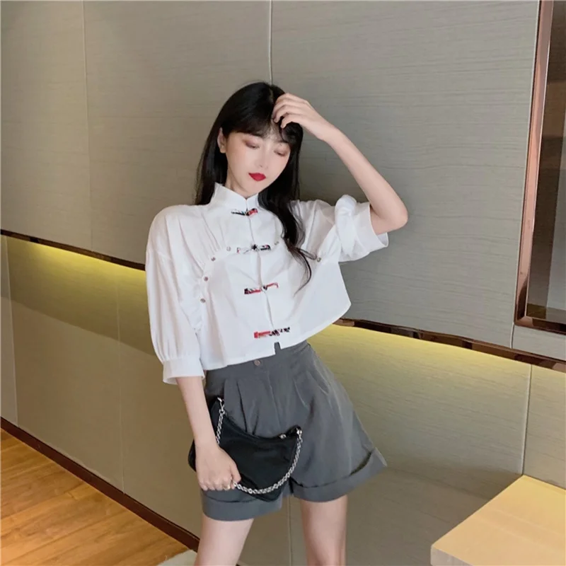 Женский укороченный топ с пышными рукавами костюм Тан в китайском стиле белая