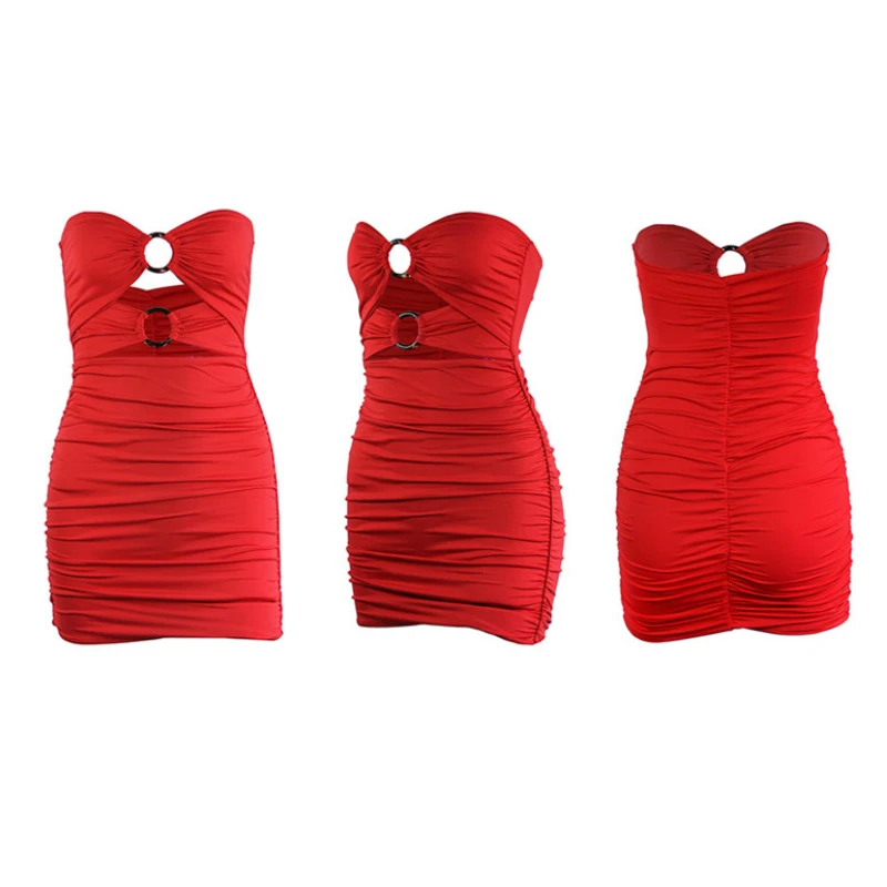 

Sexy Women Strapless Bodycon Dress Solid Color Backless Hollow Out Ruched Party Club Mini Sundress Off Shoulder Vestidos Femme