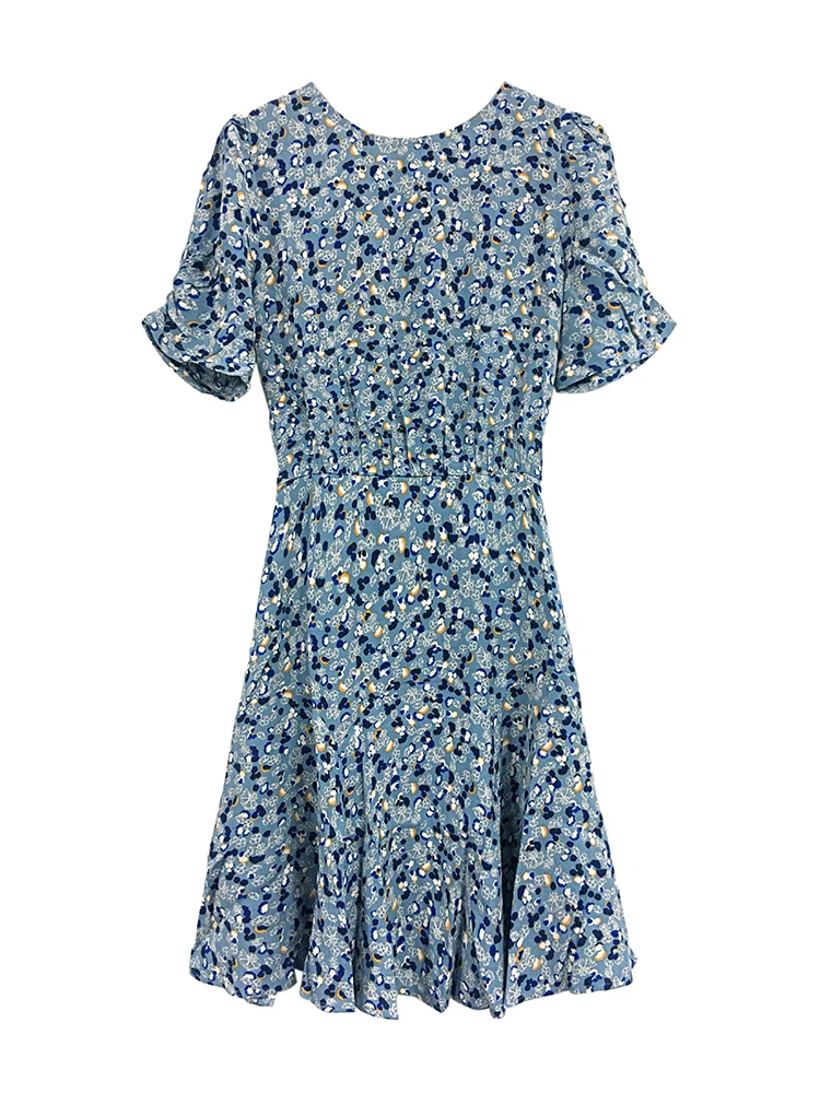 

Women Floral Printing Trumpet Dress VintageHigh Waist Short Sleeve Lady Clothes Short Puff Sleeve Casual Holiday Mini Dress