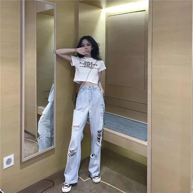 

2021 Summer Baggy Ripped Jeans for Women High Waist Straight Tube Wide Leg The Fashion Leisure Y2k Gothic Pants Vintage Streetw