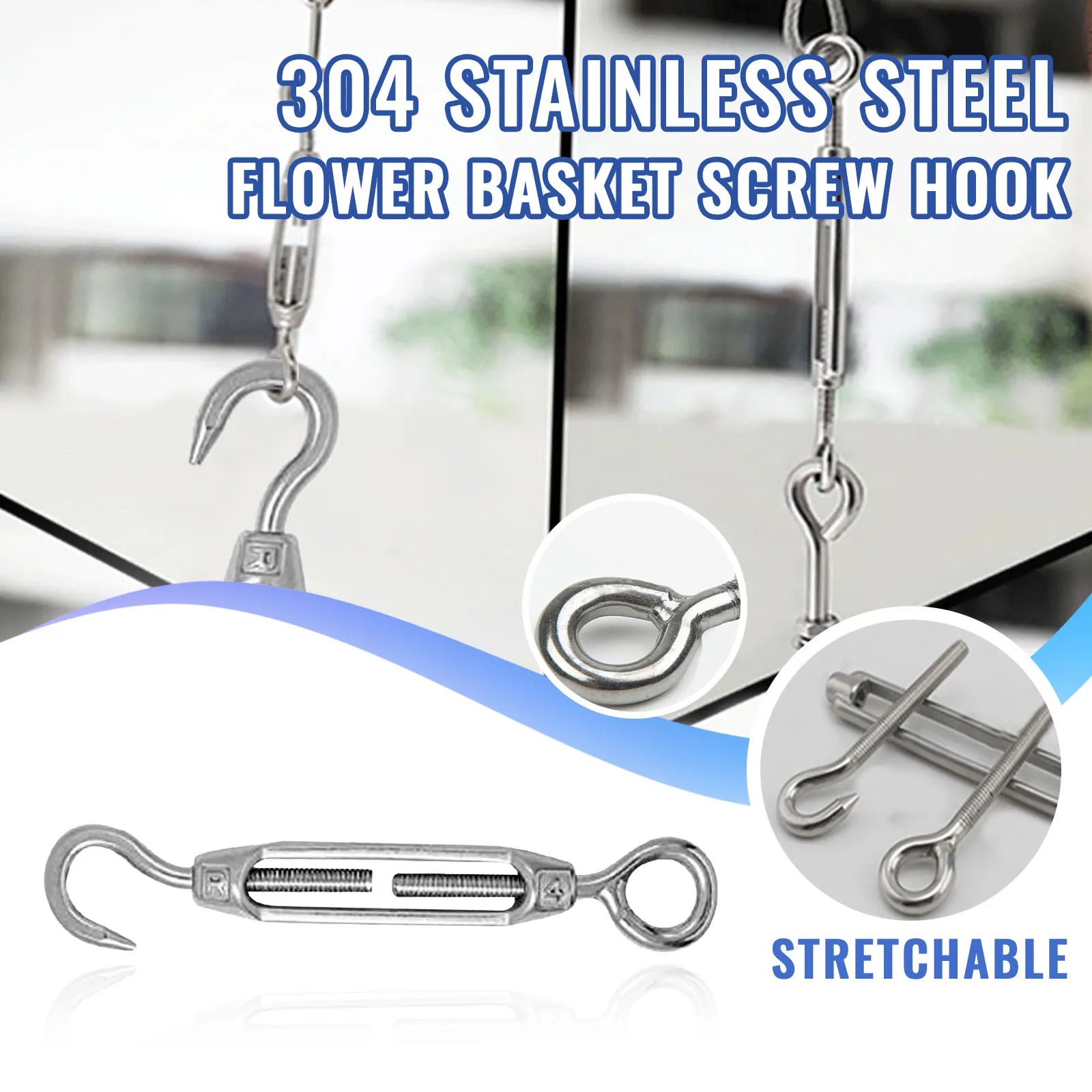 

304 Stainless Steel Tie-rod With Hook, Eye And Carabiner, For Tightening Ropes Door Wall Hangers Hooks Handbag Clothes Rack