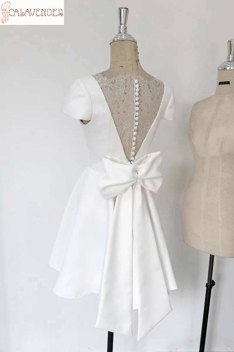 

White Cocktail Dresses A-line with Lace Back vestidos formales V-Neck Short Sleeve Prom Short Dress