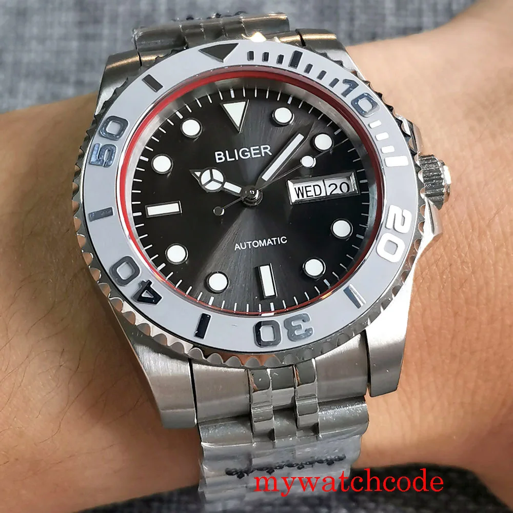 

Bliger 40mm NH36A Automatic Men's Watch Sapphire Glass Date Week Function Rotating Bezel Steel Bracelet Luminous High Quality