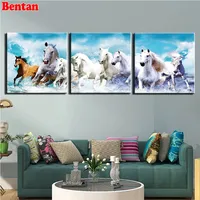 5d diy diamond Painting 3 Panels Running Horse Animals Wall Art full square round drill mosaic Cross stitch Triptych painting