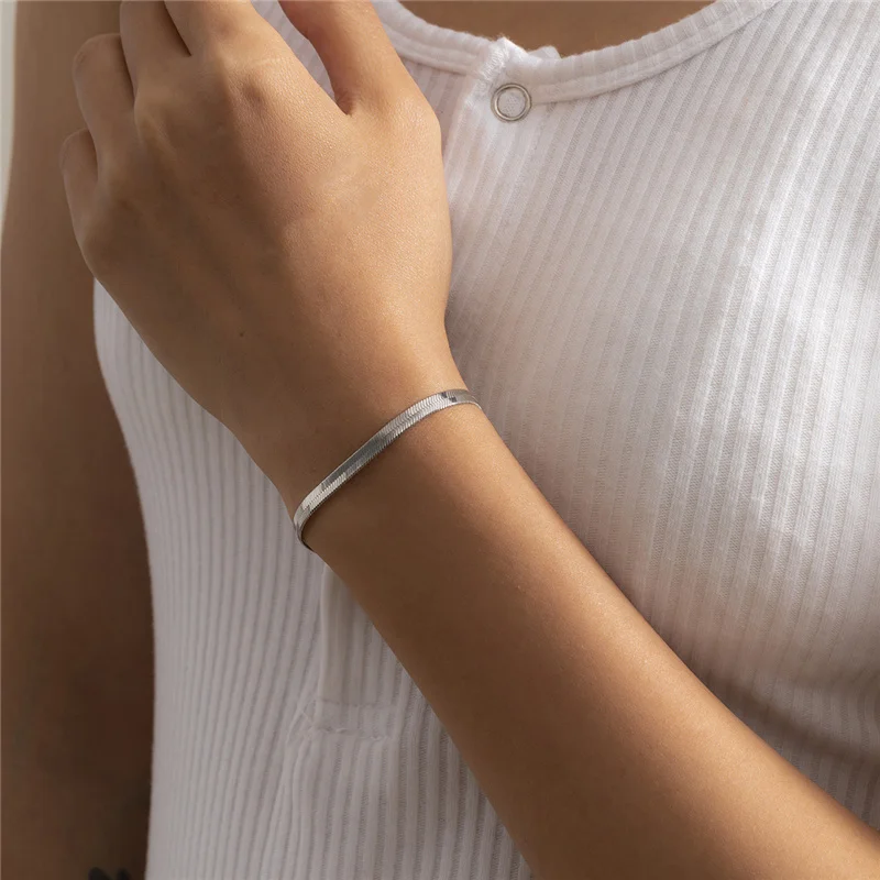 

Silver Color Flat Blade Snake Chain Bracelets Bangles for Women Copper Minimalist Couple Charm Bracelets Jewelry Accessories