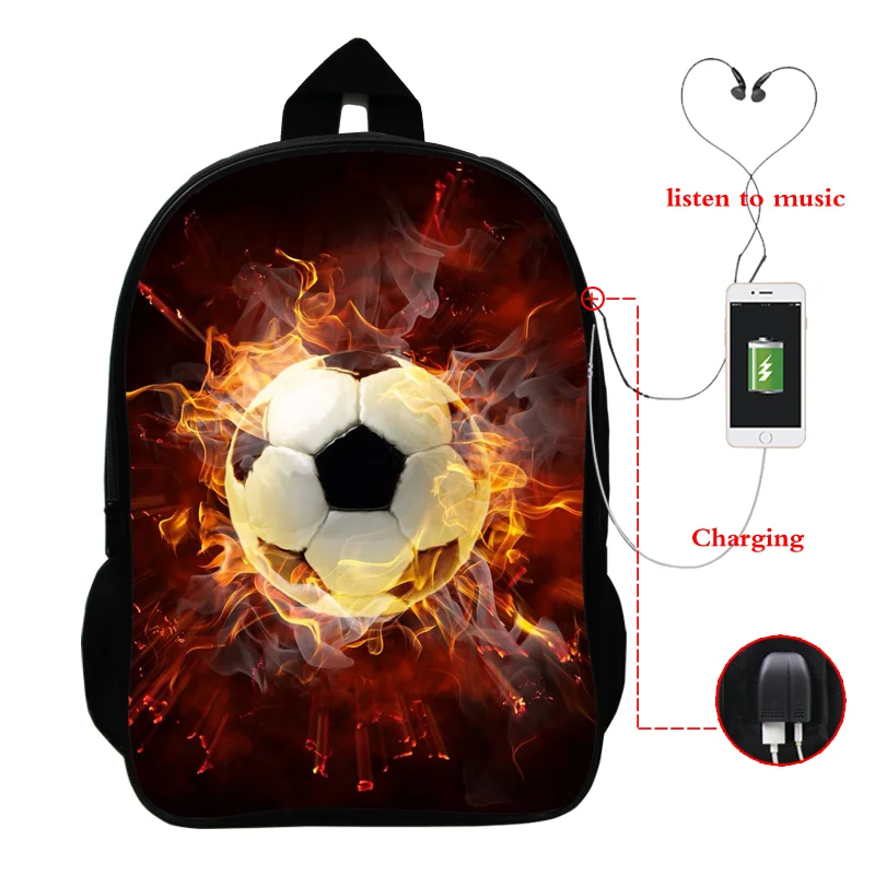

3D Soccer Football Ball Printed Boy Mochila Backpack with USB Charger Backpack Children Escolar Infant Teenager Junior Schoolbag