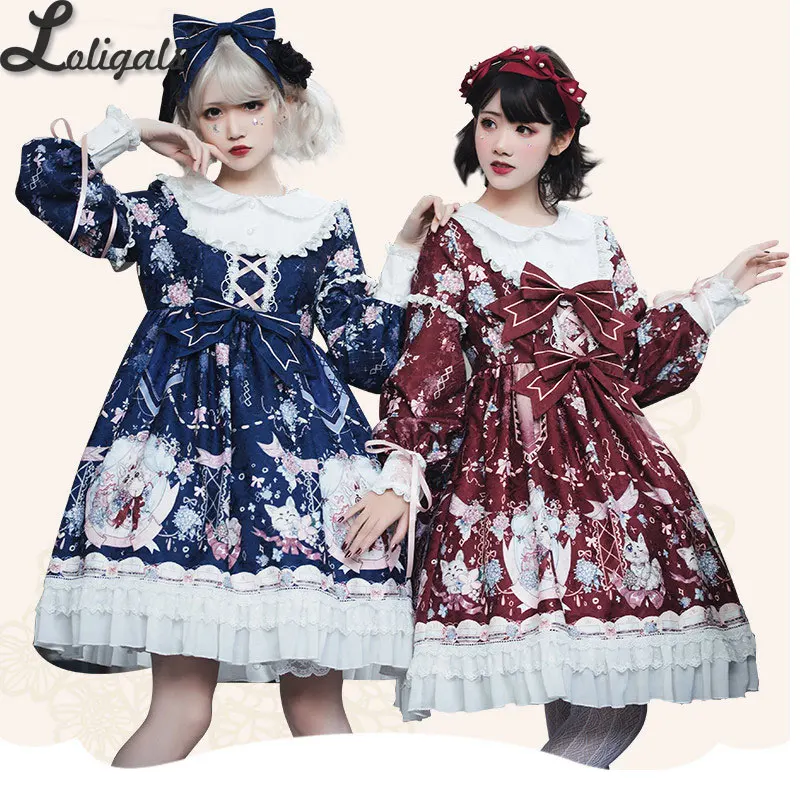 Гортензия и котенок ~ Винтаж печатных с длинным рукавом Лолита платье высокой