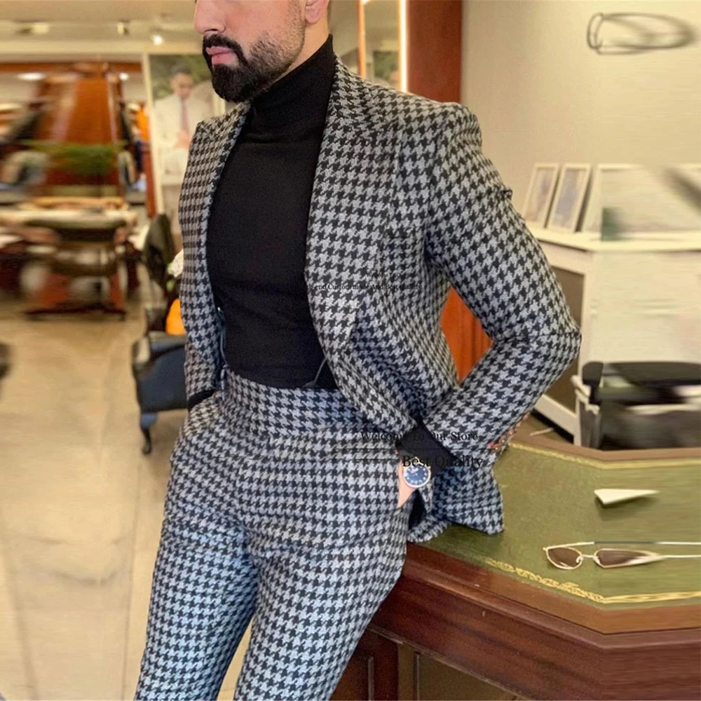 Серые клетчатые мужские костюмы деловые однобортные пальто брюки комплект из 2