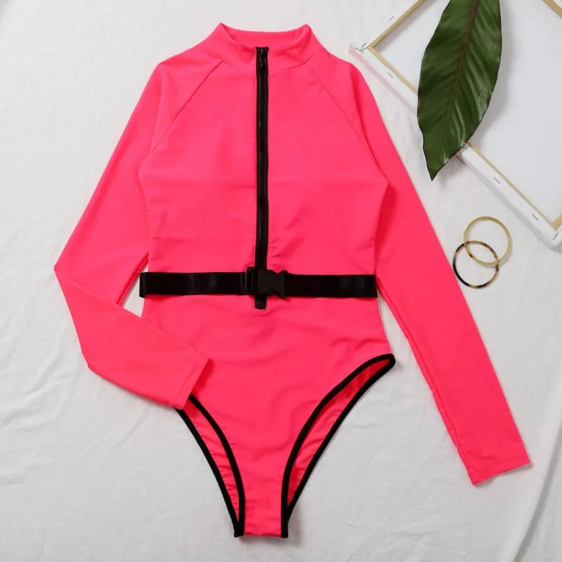 

New Pink Color One-Piece Swimsuit Belt Long Sleeve Swimwear Sports Women's Swimming Bathing Suit Beach Wear Bather Surfing 2021