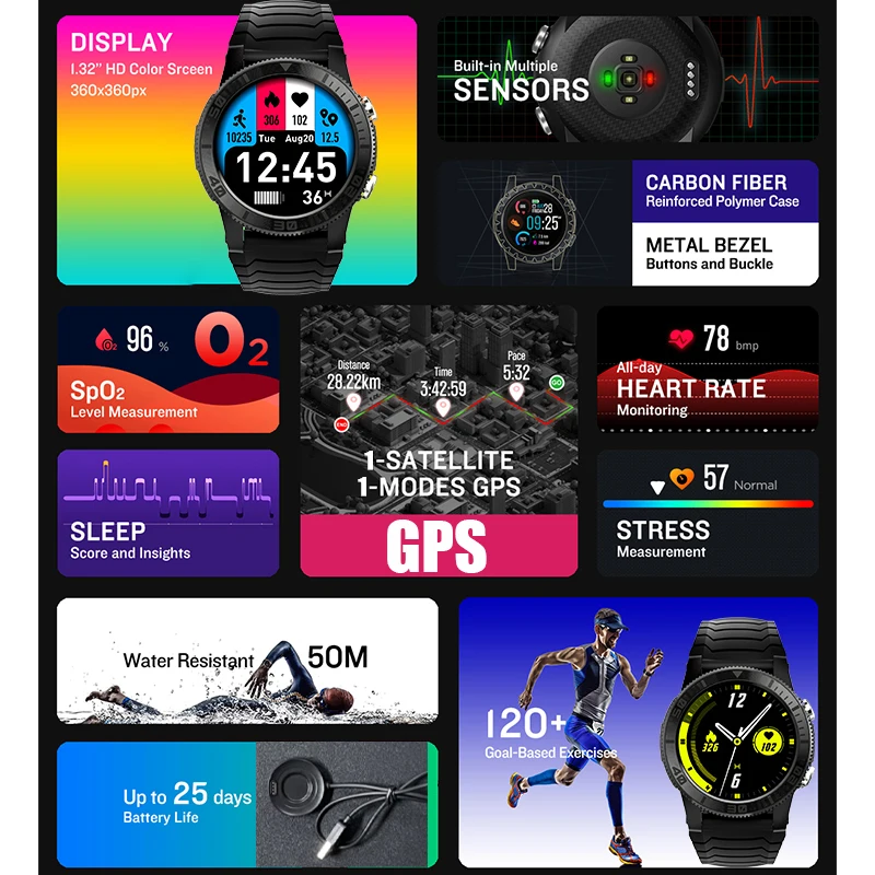2022 new gps smart watch blood oxygen compass outdoor sports 5atm water proof heart health men smartwatch for android ios phone free global shipping
