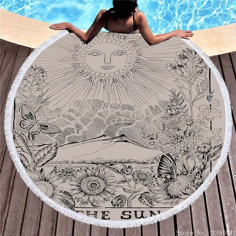 

3D The Sun Astrology Printed Microfiber Round Beach Towel Adults Quick Dry Large Bath Towels Summer Swimwear Tassel Beach Cover