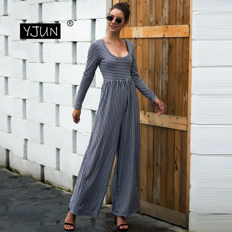 Женский комбинезон в полоску с принтом сексуальный осенний костюм длинным