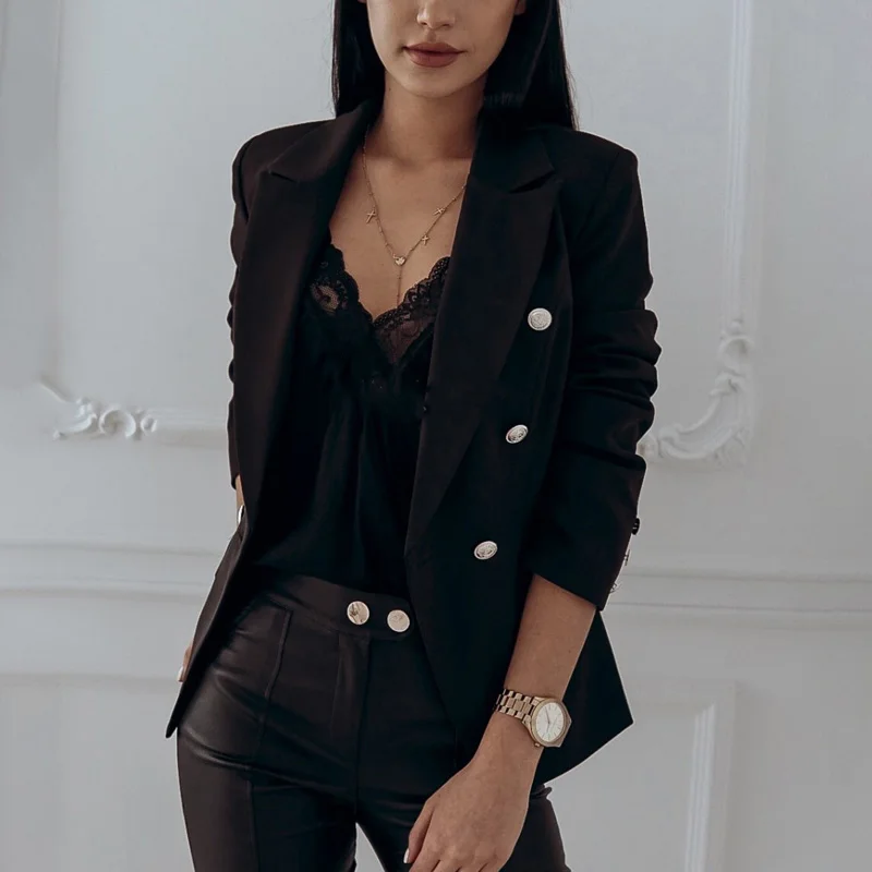 Твердые Цвет Slim Fit Блейзер, деловая, для офиса, женские лоферы для работы Женское пальто с отложным воротником, длинный рукав, двубортные блейзеры для женщин