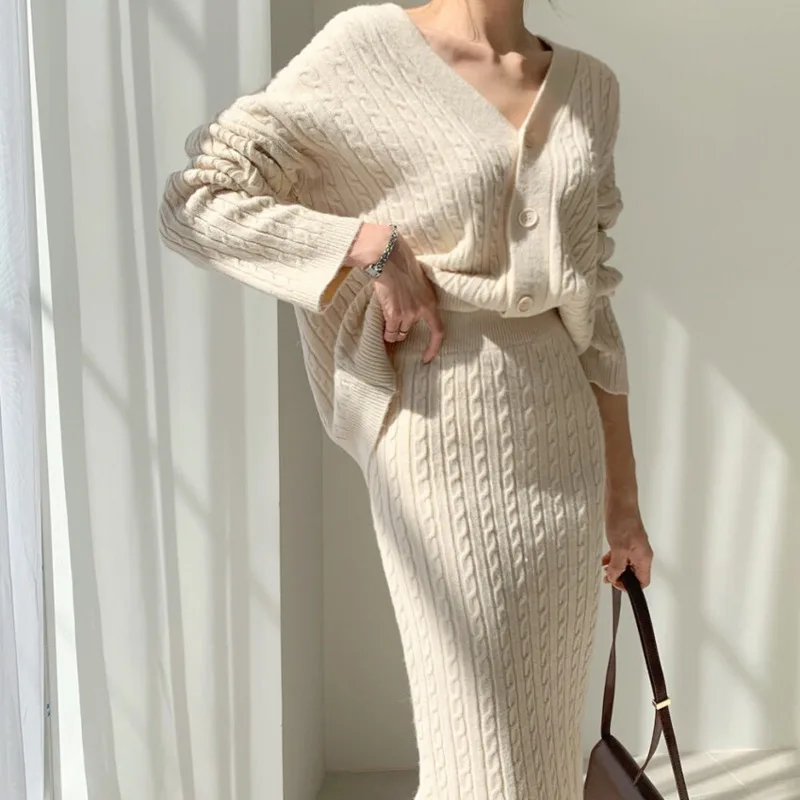 

New Autumn Casual Twist Knitted Two Pieces Sets Womens Outfits Korean Fashion Loose Sweater Cardigan Coats +Midi Split Skirts