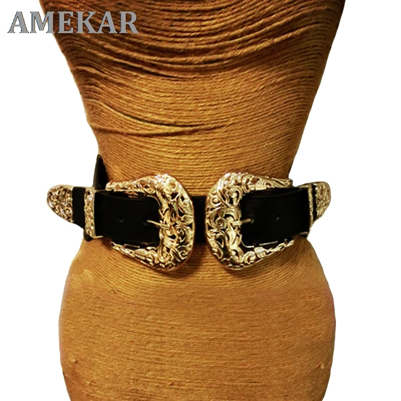 

New Fashion Female Vintage Strap Metal Pin Buckle Leather Belts For Women elastic Designer sexy gold hollow out wide waist belts