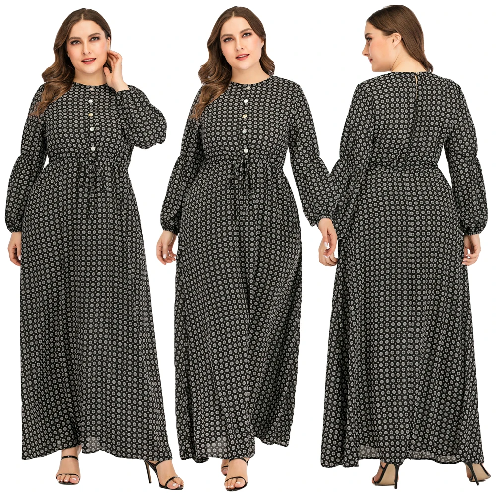 Мусульманское женское платье абайя с принтом и длинным рукавом на шнурке