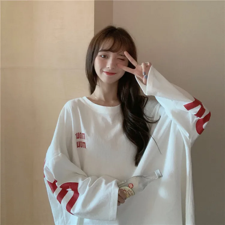 Ulzzang Топы mujer осень vogue корейский стиль одежда уличная панк с буквенным принтом Большие размеры с длинным рукавом Повседневная футболка женская