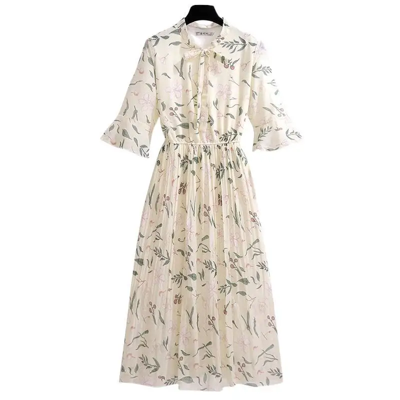 

2021 Summer Fashion Women Half Sleeve Bow Collar Chiffon Floral Dress Slimming Waist Loose Casual Vestidos 4XL Plus Size