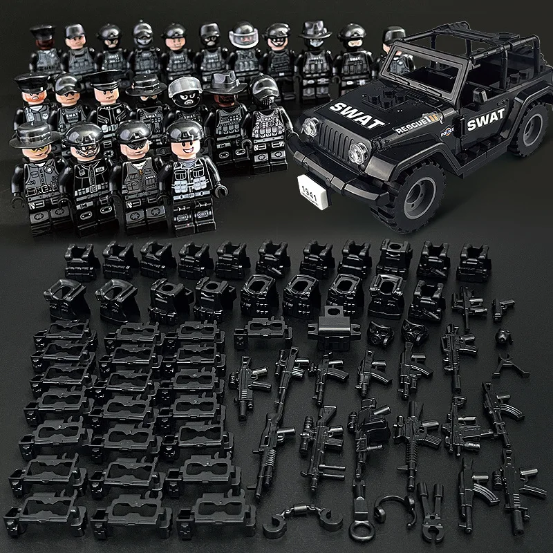 

Bricks DIY Military Car Professional City Police Doll Figures Weapon Piece Children's Assembled Building Block Toy for Kids Gift