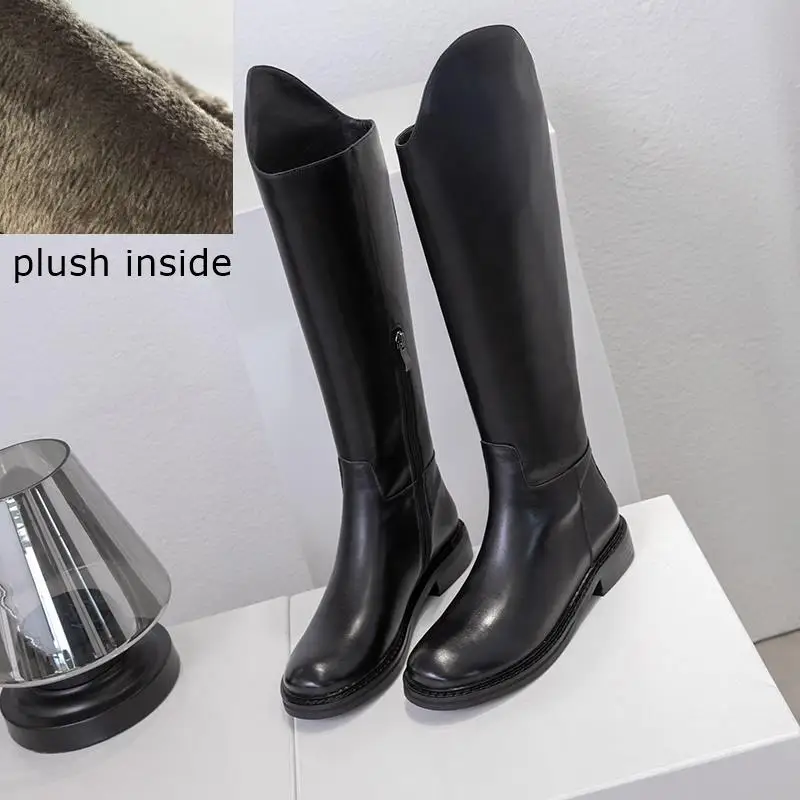 plush inside ALLBITEFO/женские сапоги без застежки из натуральной кожи; Простые Стильные длинные сапоги для отдыха; удобные зимние сапоги до колена для девочек - Цвет: plush inside
