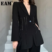 eam women black bandage vent stitch blazer new lapel long sleeve loose fit jacket fashion tide spring autumn 2022 1db308