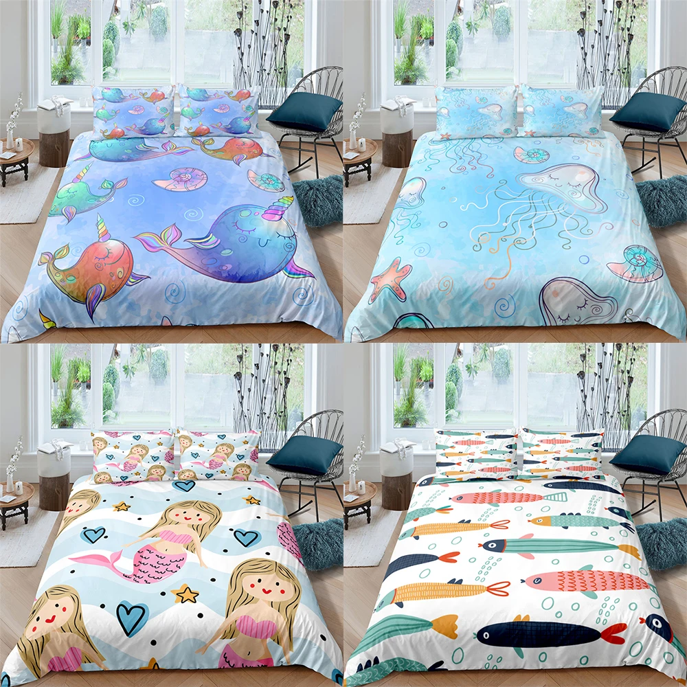 

Marine Life Duvet Cover Set Whales Bedclothes Ocean Mermaid Bed Cover Bedding Set Quilt Cover Queen Twin Kids Girl Bed Cover Set
