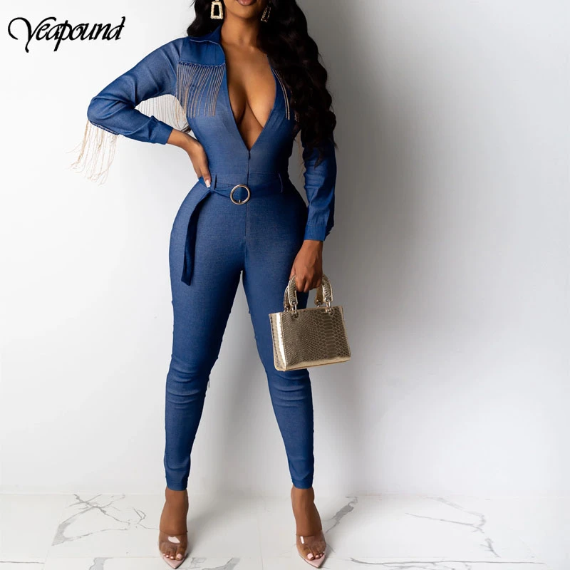 

One Piece Jumpsuits For Women Elegant Style Bodycon Rompers Tassel Long Sleeve Overalls Tassel Shoulder Denim Jumpsuit