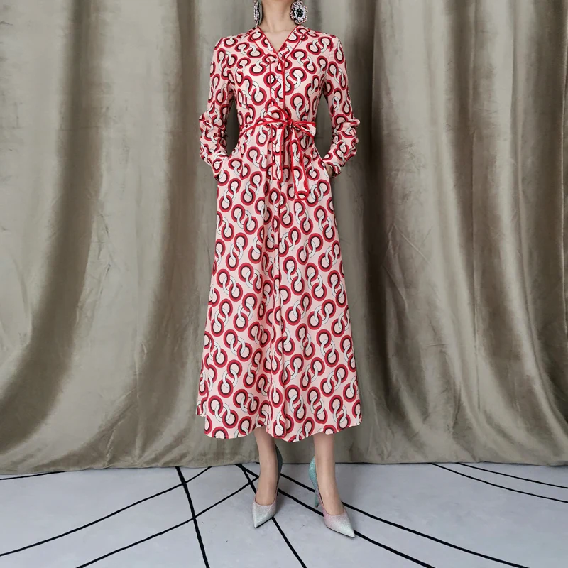

Fashion High Quality Autumn New Women'S Party Outing Casual Elegant Vintage V-Neck Single Breasted Slim Print Long Dress