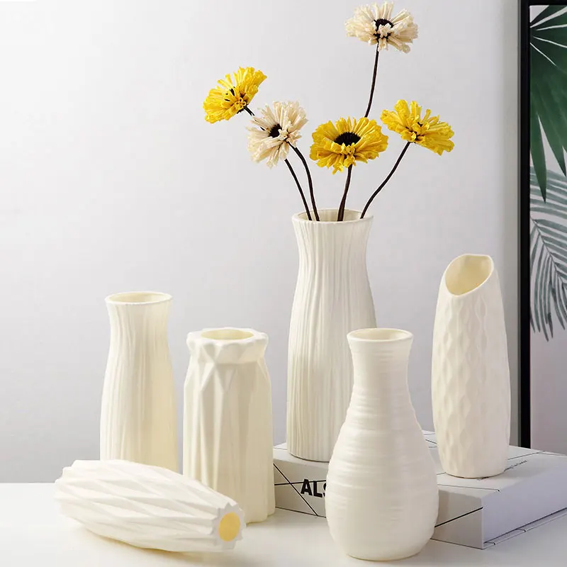 

Shatterproof Vase Imitation Ceramic Flower Pot Origami Plastic Vases for Decoration Milky White Basket Arrangement Home Decor