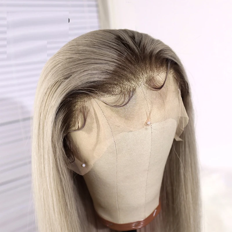 

Remy Ombre Gray Silky Straight TranspareLace Front Human Hair Wig For Woman With Bahy Hair Natural HairlineBrazilian Middle Part