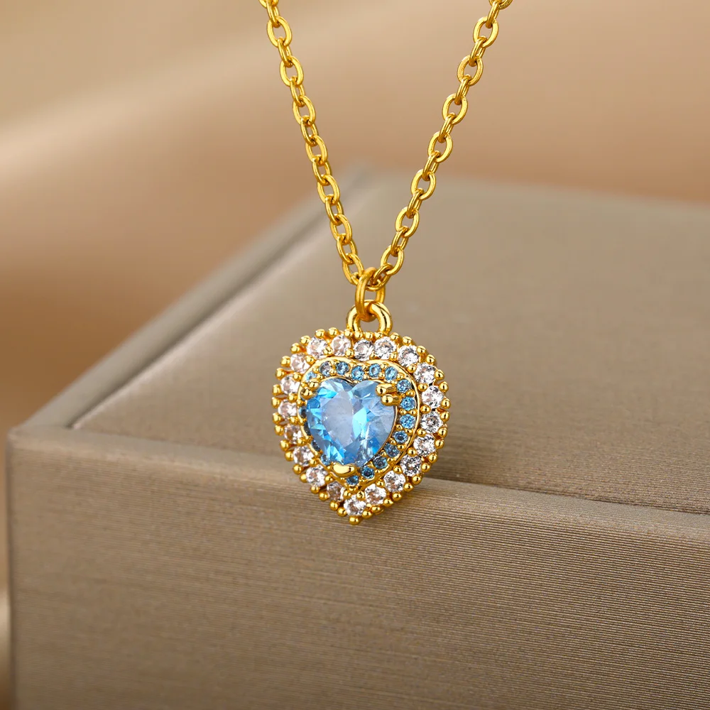 

Blue Zircon Heart Necklace For Women Stainless Steel Gold Chain NecklacesRomantic Wedding Couple Jewelry Gift collares mujer