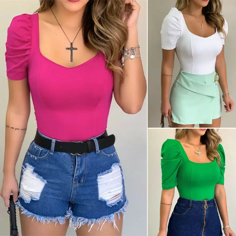 Новинка 2020 женский тонкий однотонный топ с V образным вырезом и коротким