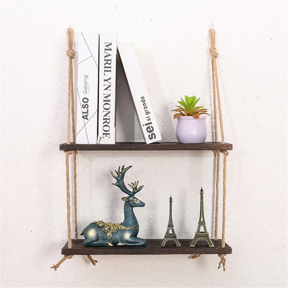 

1pc Household Decoration Shelf Hanging Basket Hanging Wall Shelves,Swing Rope Floating Shelf 2Tier Bamboo Hanging Storage c50