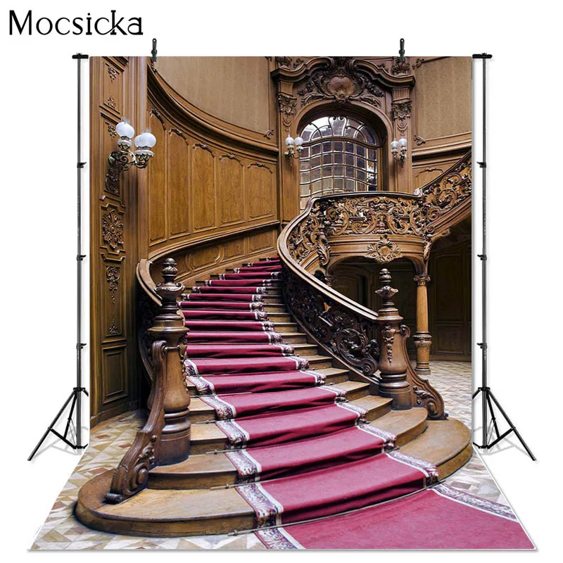 

Mocsicka Adult Portrait Photography Background Retro Stairs Red Carpet Decoration Props Portrait Photo Backdrop Banner