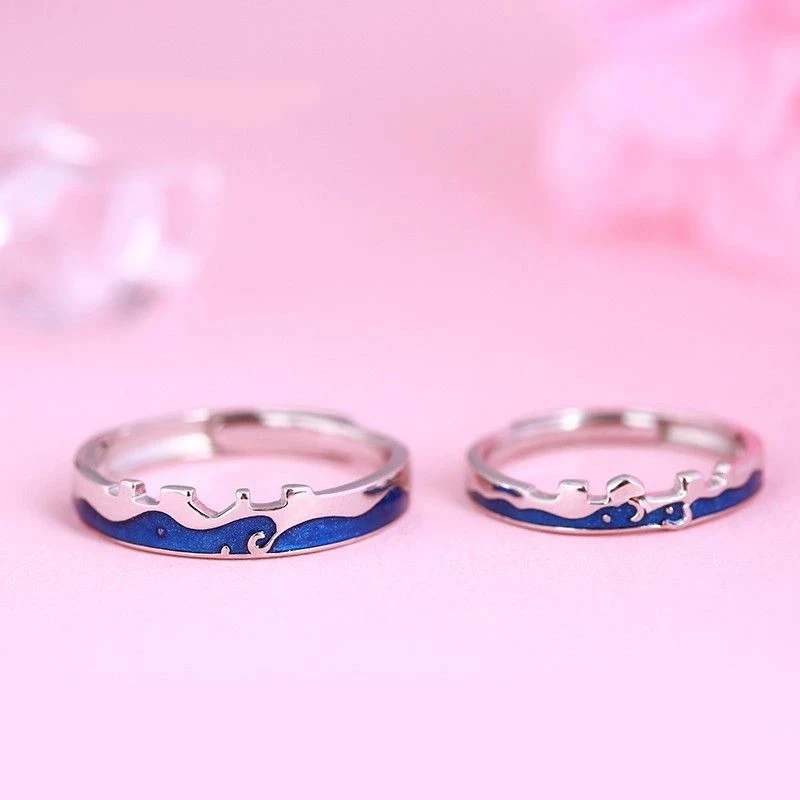 Moon and Sea Promise Ring for Him Her Adjustable 2 Tone Sterling Silver 925 Rings Couple One Size d88 | Украшения и аксессуары