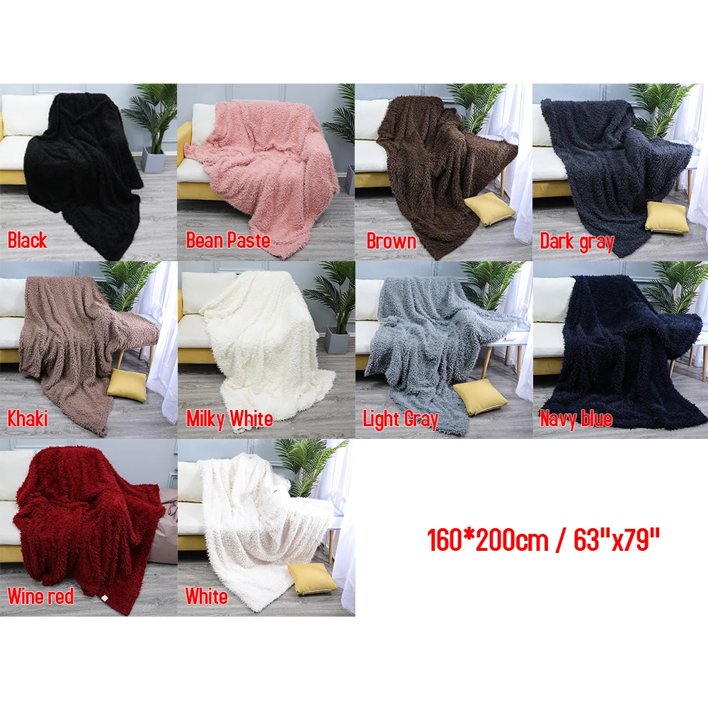

New 2 Sizes Soft Travel Blanket Long Fur Throw Blanket Solid Color Bedspread Plush Cover for Bed Sofa Warm Blanket Microfiber