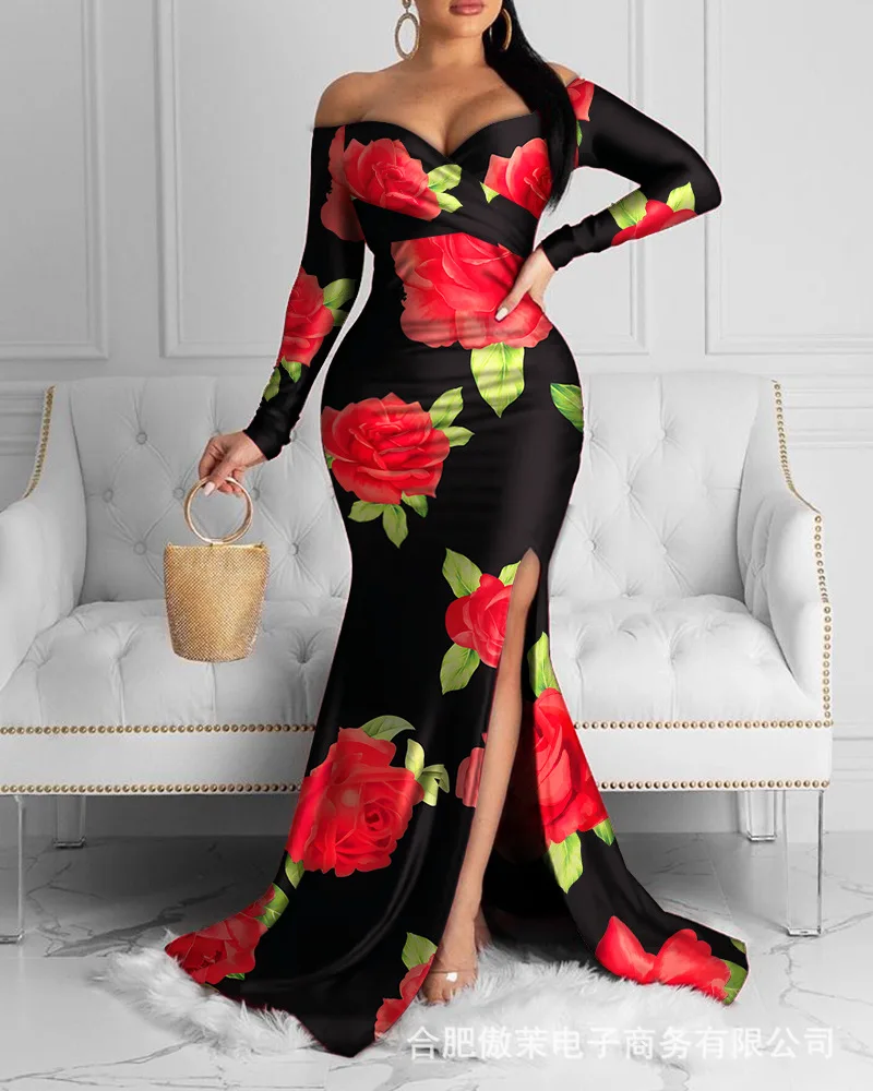 

Ladies Printed Split One-shoulder Long Dress Ladies Casual Fashion Dress