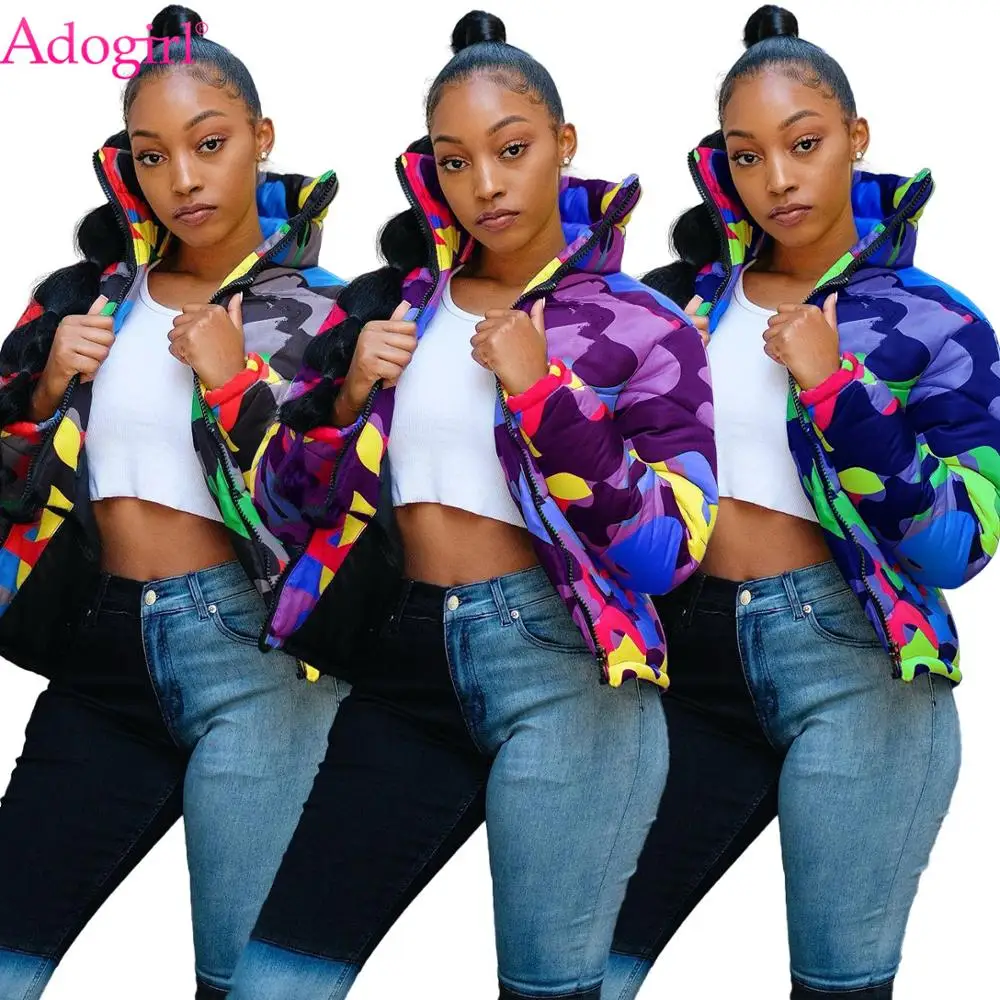 Adogirl Camo Cotton Coat Women Stand Collar Zipper Long Sleeve Thick  Jacket Winter Fashion Warm Outerwear Women Clothes Outfits