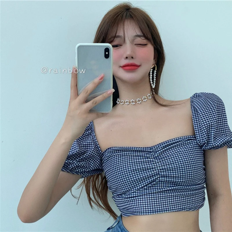 Женская футболка с коротким рукавом короткий топ клетчатая квадратным