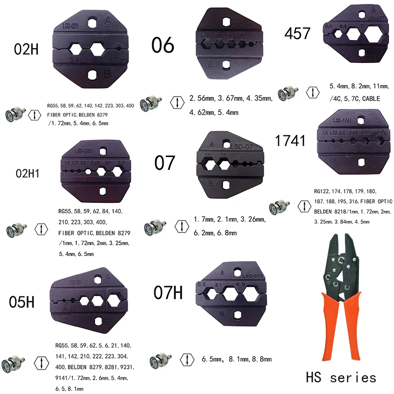 

Replaceable Crimping Dies/jaws for coaxial connectors RG55 RG58 RG59,62 RG8 LMR316,400 cable SMA/BNC crimping pliers hand tools