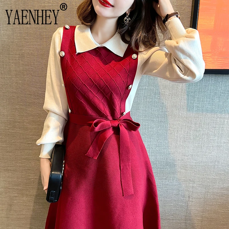 

Женское трикотажное платье-свитер, красное элегантное базовое платье контрастных цветов с приталенной юбкой, 2021