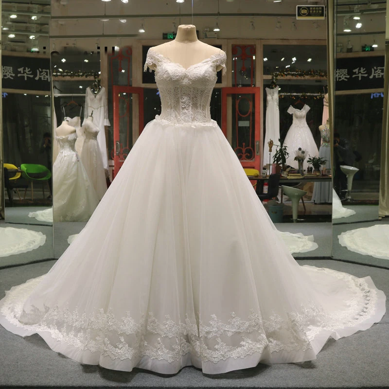 

Real Images Perfect Lace Appliqued V-Neck Off The Shoulder Illusion Beading Organza And Tulle Lace-up Wedding Bridal Gown