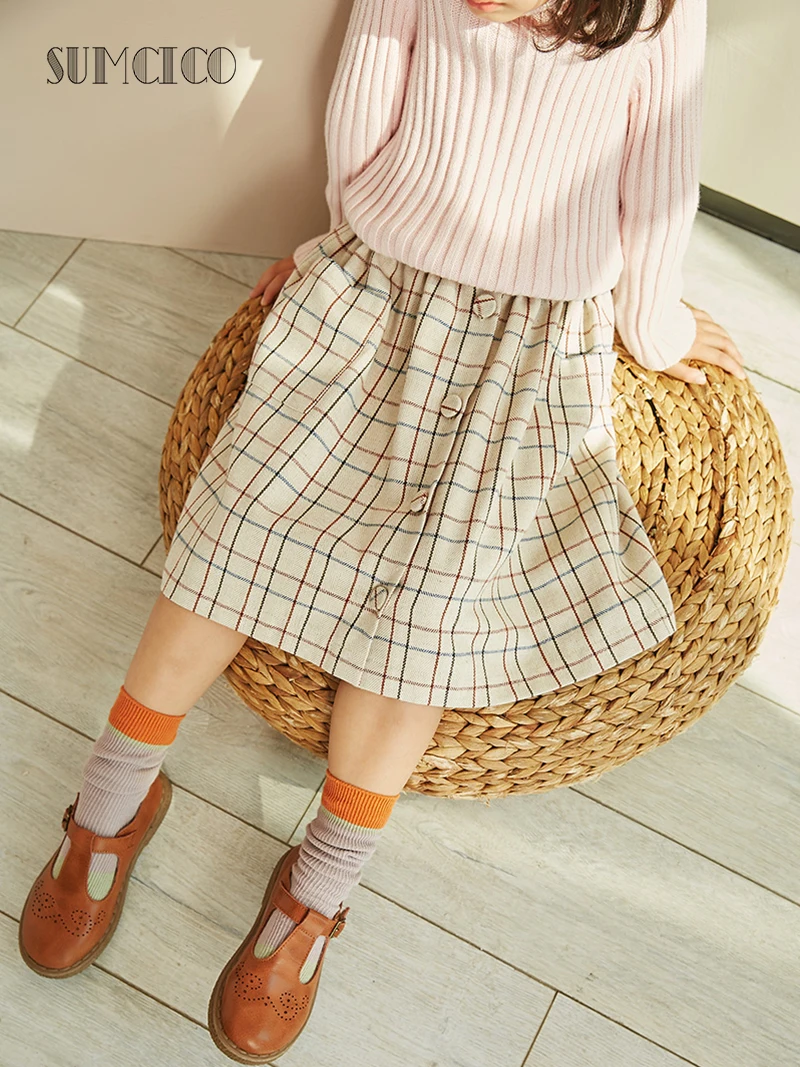 Sumcico 2020ss/fw Latest Girls Woolen Skirt Soft Warm Cute Style Elastic waist Button Pocket Decoration Dailywear Age2-15Y | Детская