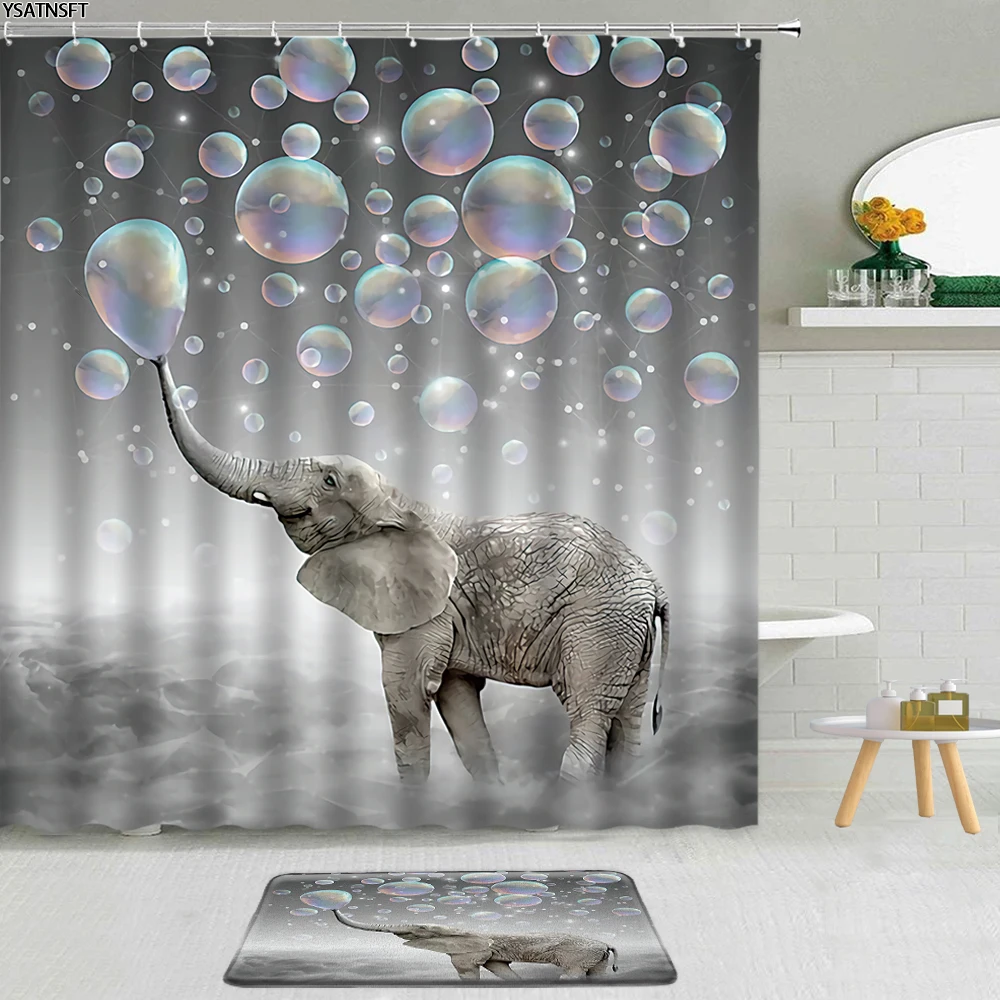 

2Pcs Funny Wild Animal Elephant Shower Curtain Fantasy Starlight Bubble Sunset Bathroom Non-Slip Carpet Bath Mat Curtains Set
